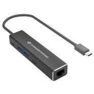 Adaptador de rede USB-C para Gigabit da Conceptronic com hub USB e 2 portas USB-A + 2 portas USB-C cinza