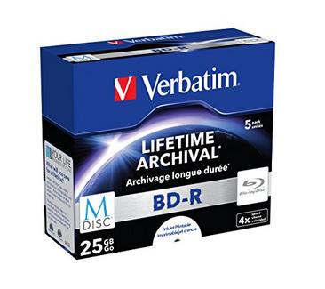 1×5 Verbatim M-Disc BD-R Blu-Ray 25GB 4x Speed, Jewel Case print.