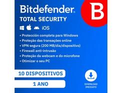 Software BITDEFENDER Total Security (10 Dispositivos – 1 ano – PC, Mac, Smartphone e Tablet – Formato Digital)