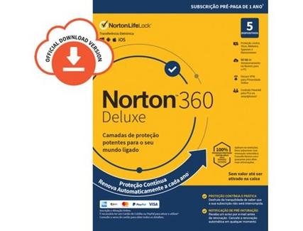Software NORTON 360 Deluxe 50GB (5 Dispositivos – 1 Ano – Smartphone, PC e Tablet – Formato Digital)