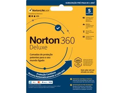 Software NORTON 360 Deluxe ESD 50GB (5 Dispositivos – 1 Ano – Smartphone e Tablet – Formato Digital)