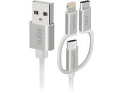 Cabo SBS Adaptadores (USB – Lightning + Micro USB + USB C – Branco)