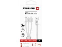 Cabo SWISSTEN Textile 3-in-1 (USB – USB-C + MicroUSB + Lightning – 1.2 m – Prateado)