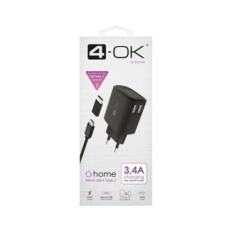 Carregador 4-OK 3.4A USB para Micro USB + Adaptador Micro USB para USB-C