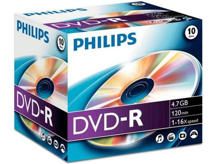 DVD-R PHILIPS 4,7GB 16X Jewel Case (10 unidades)