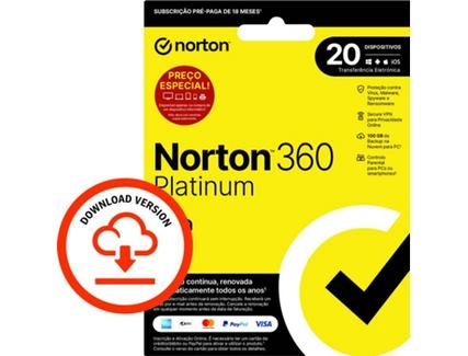 Software NORTON 360 Platinum (20 Dispositivos – 18 meses – Smartphone, PC e Tablet – Formato Digital)