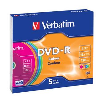 1×5 Verbatim DVD-R 4,7GB Colour 16x Speed, Slim Case