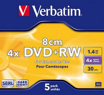 1×5 Verbatim DVD+RW 1,4GB JC 4x Speed, 8cm, matt silver