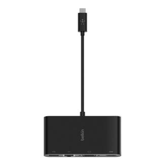 Adaptador multimédia Belkin USB-C a portas USB-A 3.0 VGA e HDMI 4K + porta Gigabit Ethernet – Preto