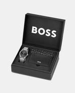 Boss – Conjunto de relógio Reason A em malha milanesa de aço inoxidável e porta-cartões