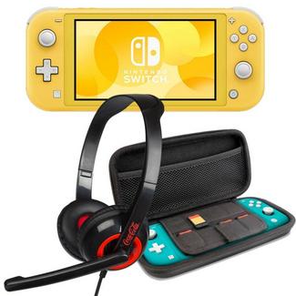 Nintendo Switch Lite Amarela + Set Transporte Azul + Headset